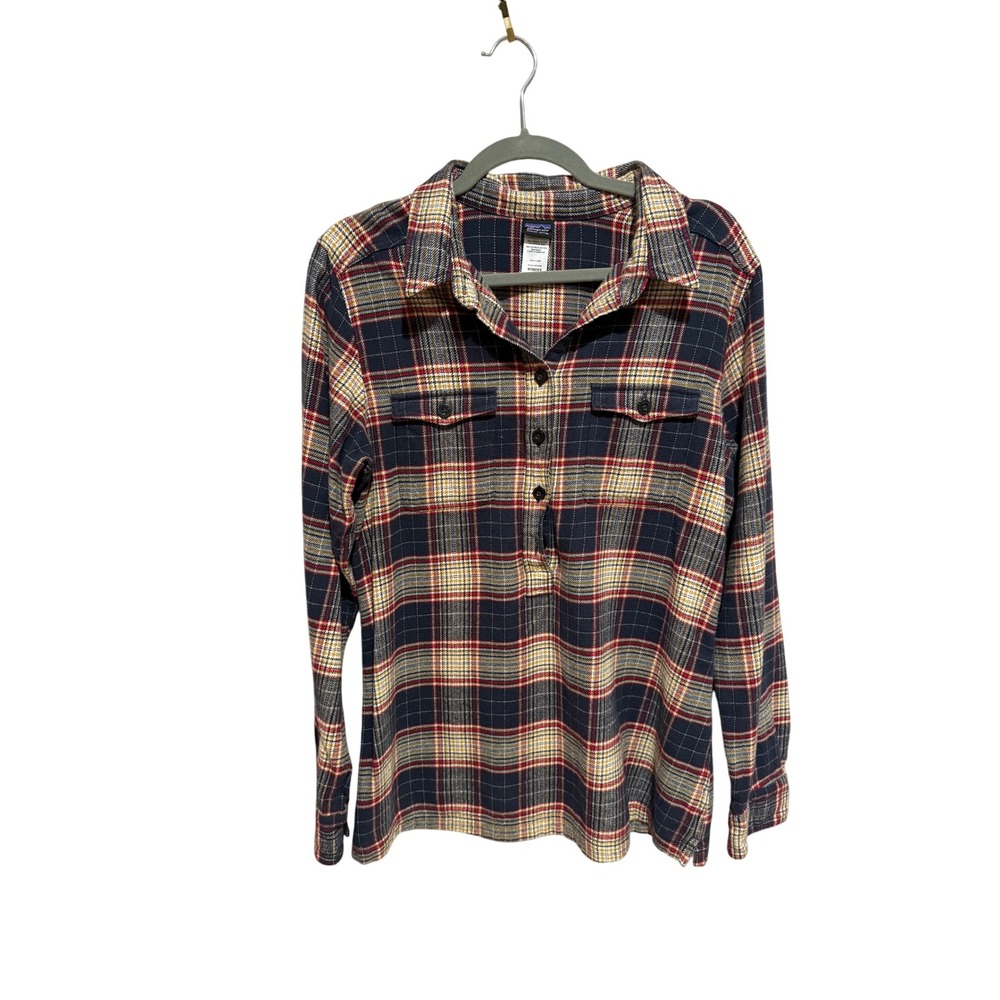 Patagonia Organic Cotton Plaid Pullover Shirt Women's Size 10 Navy Red‎ Tan
